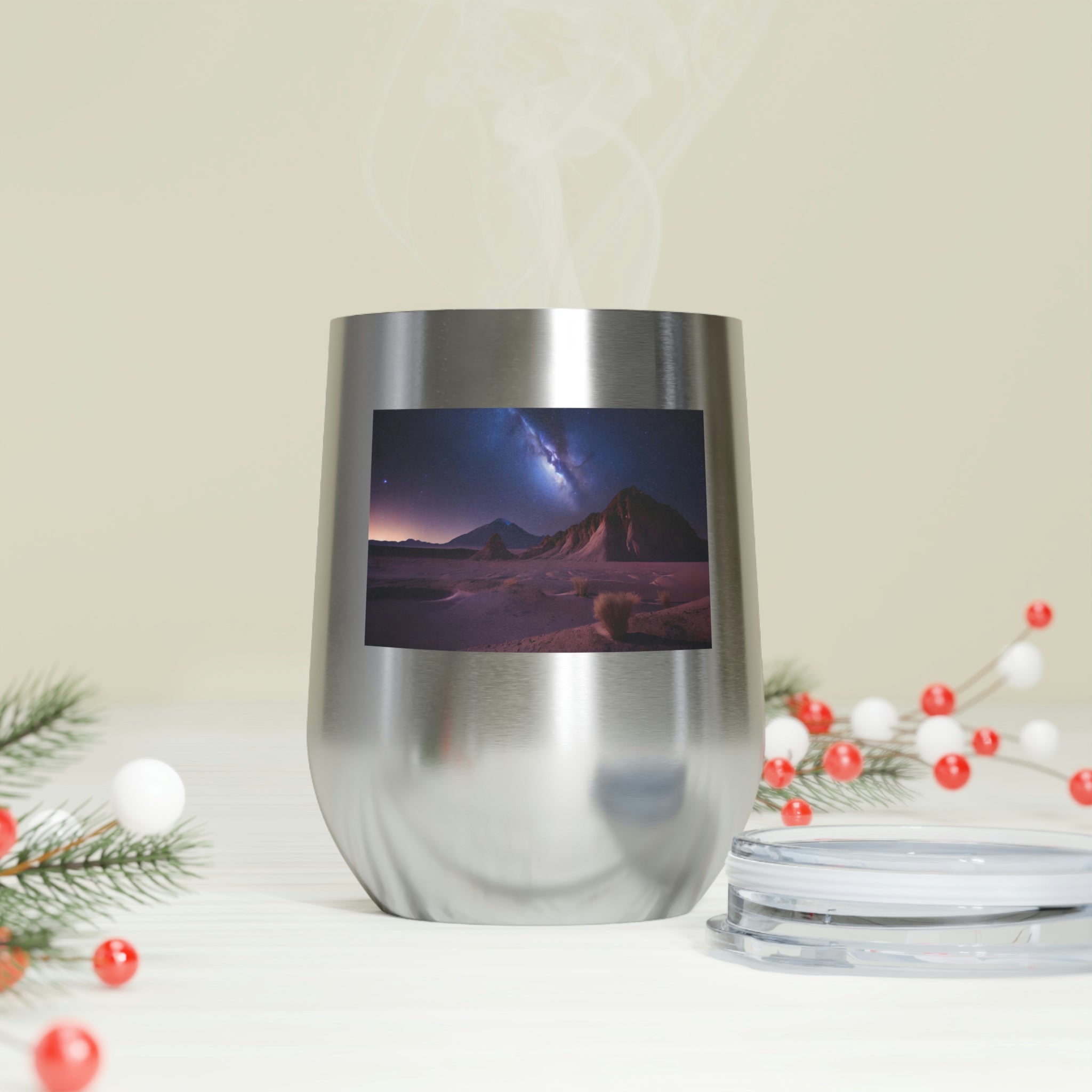 Milky Galaxy Wine Tumbler with a stylish design and clear plastic lid, perfect for hot and cold beverages.