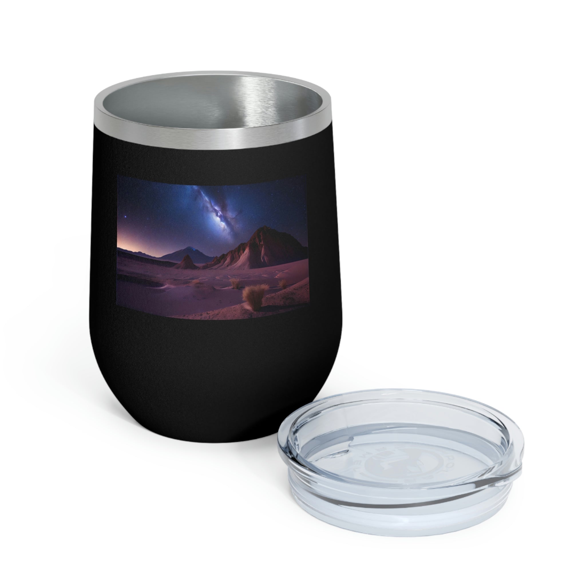 Milky Galaxy Wine Tumbler with a stylish design and clear plastic lid, perfect for hot and cold beverages.