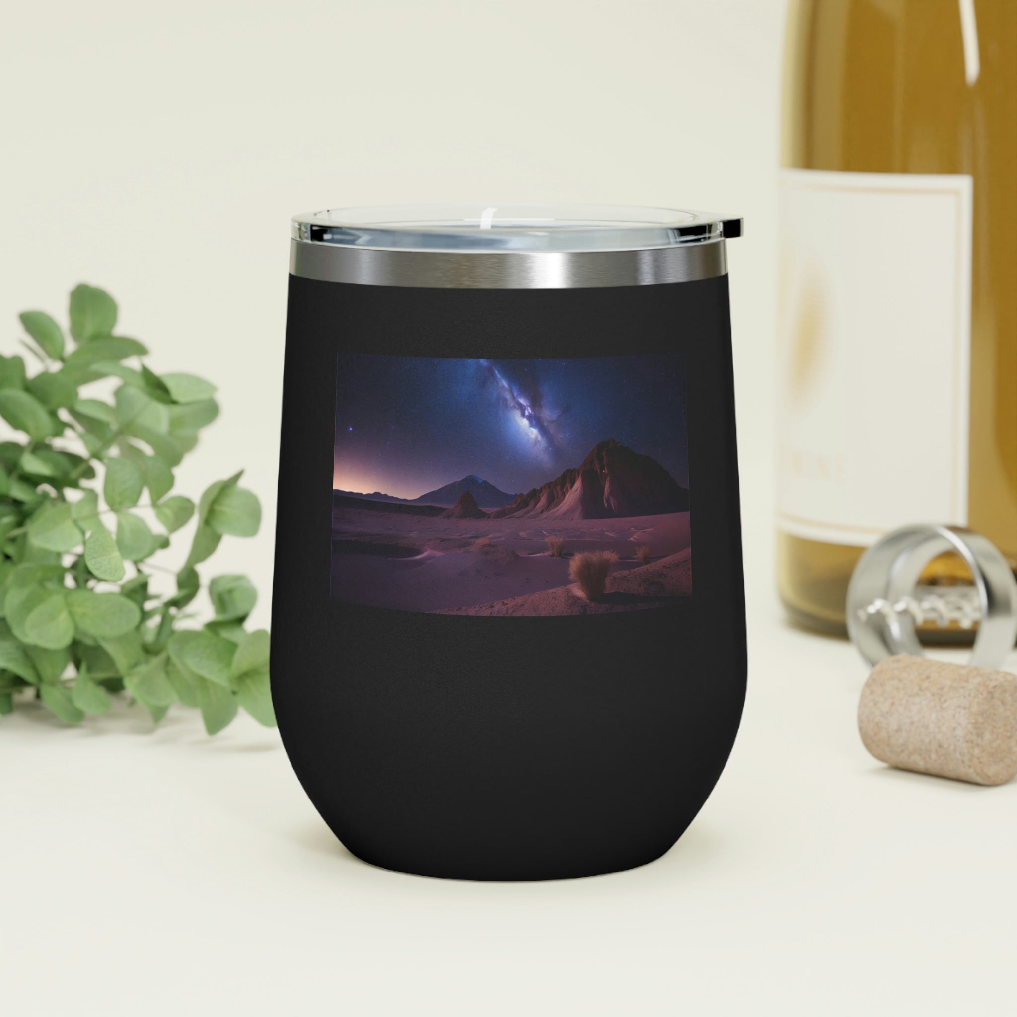 Milky Galaxy Wine Tumbler with a stylish design and clear plastic lid, perfect for hot and cold beverages.