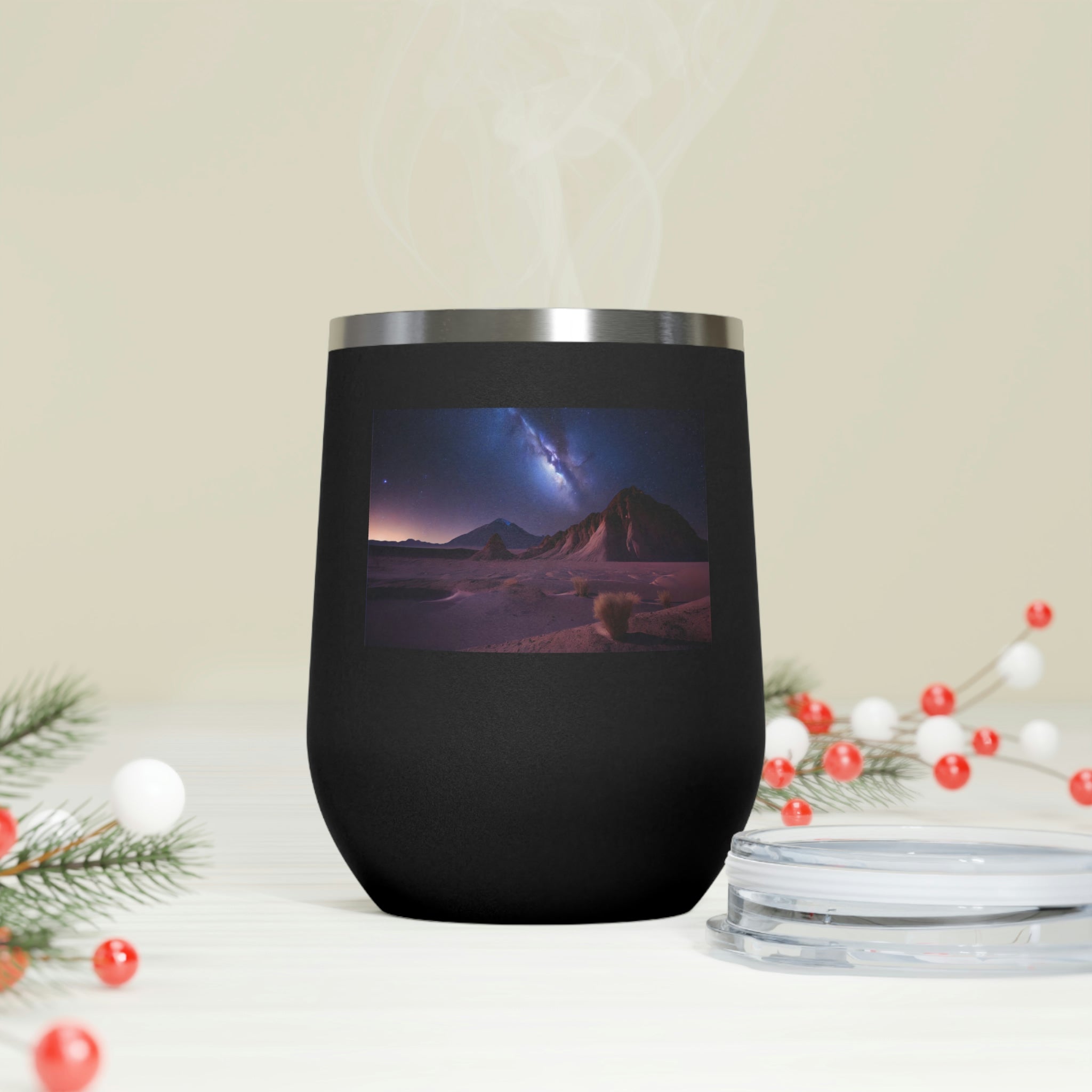 Milky Galaxy Wine Tumbler with a stylish design and clear plastic lid, perfect for hot and cold beverages.