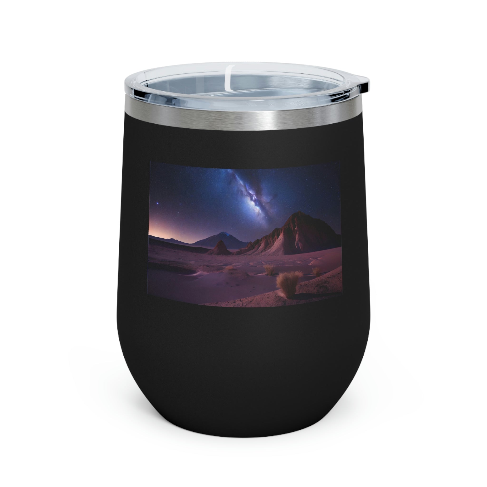 Milky Galaxy Wine Tumbler with a stylish design and clear plastic lid, perfect for hot and cold beverages.