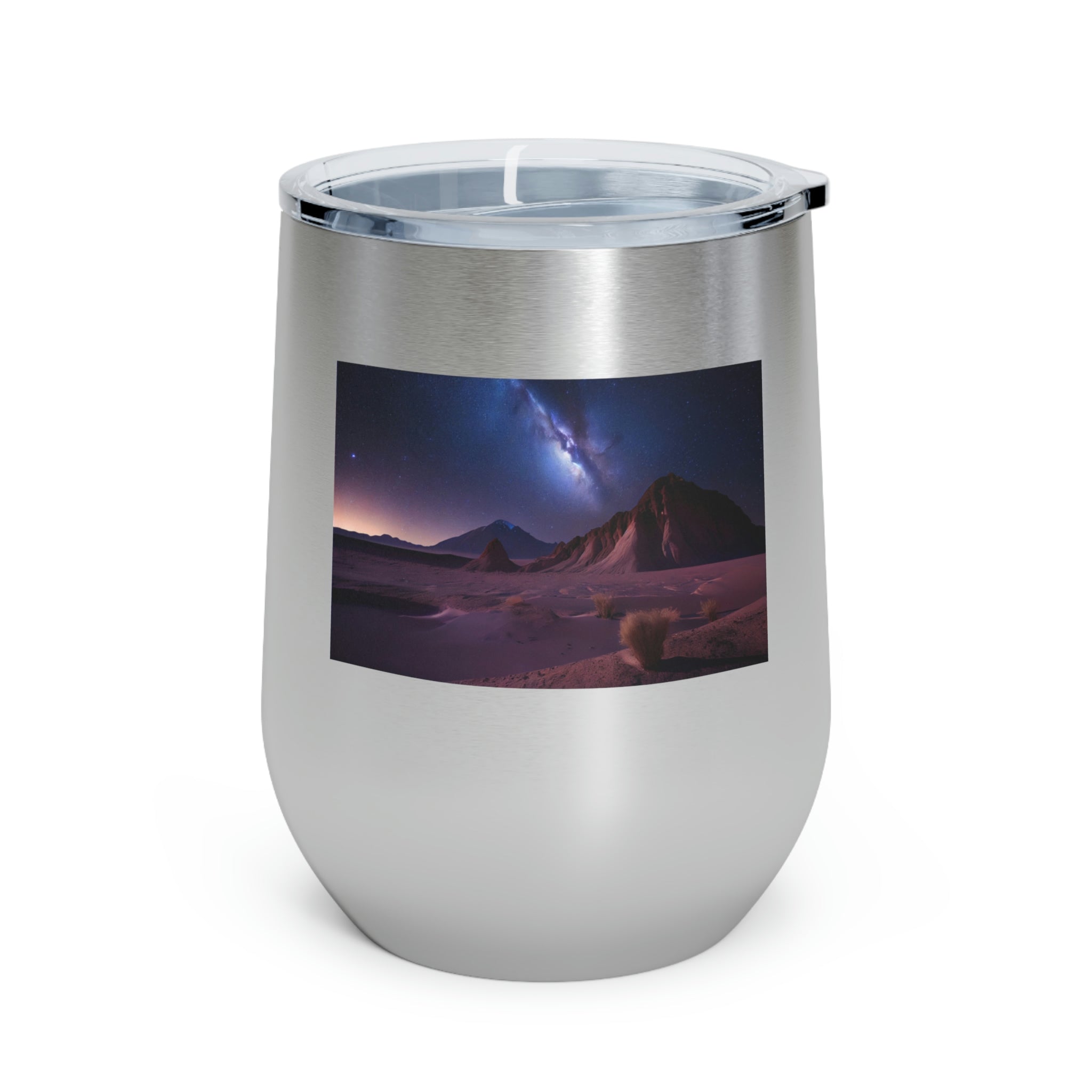 Milky Galaxy Wine Tumbler with a stylish design and clear plastic lid, perfect for hot and cold beverages.