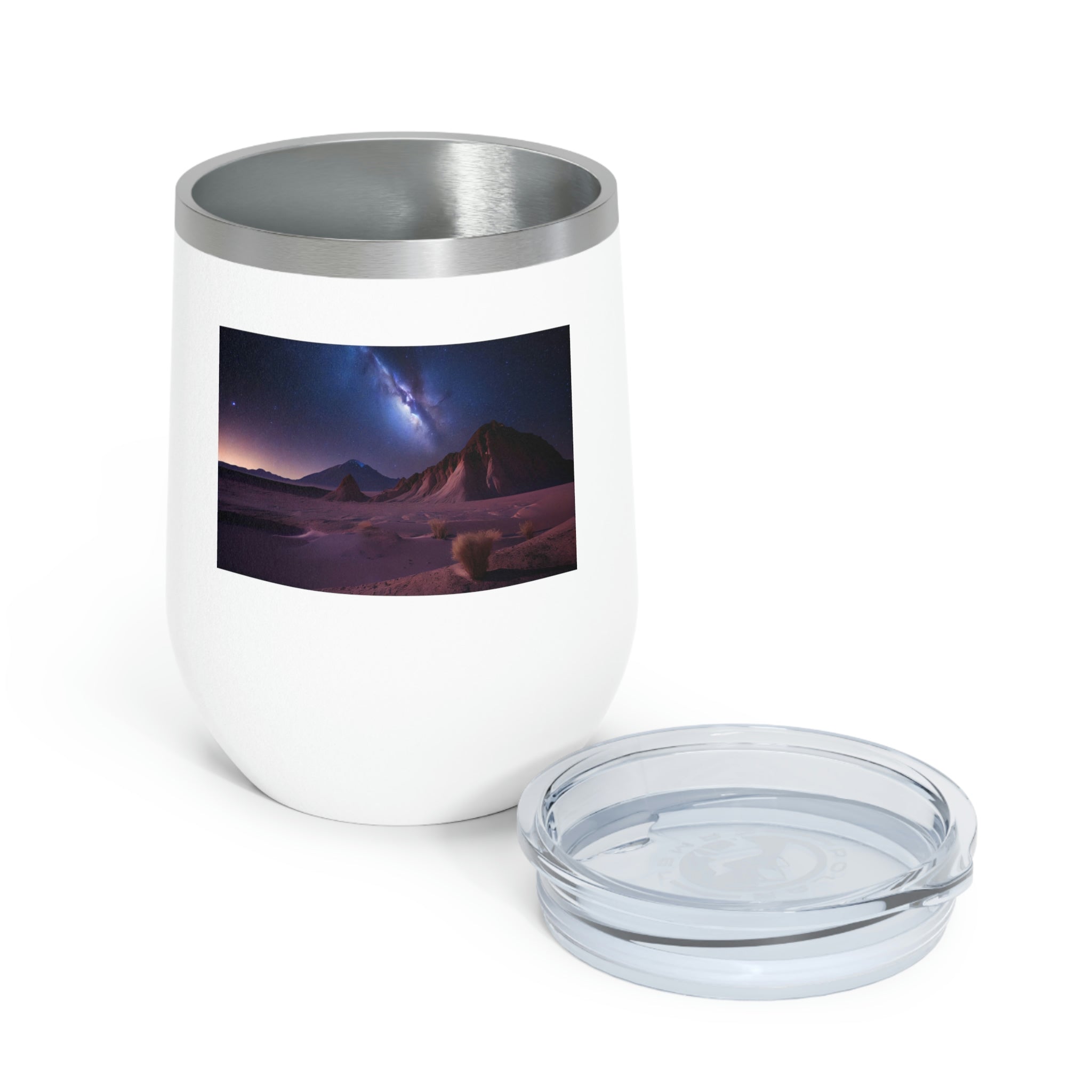 Milky Galaxy Wine Tumbler with a stylish design and clear plastic lid, perfect for hot and cold beverages.