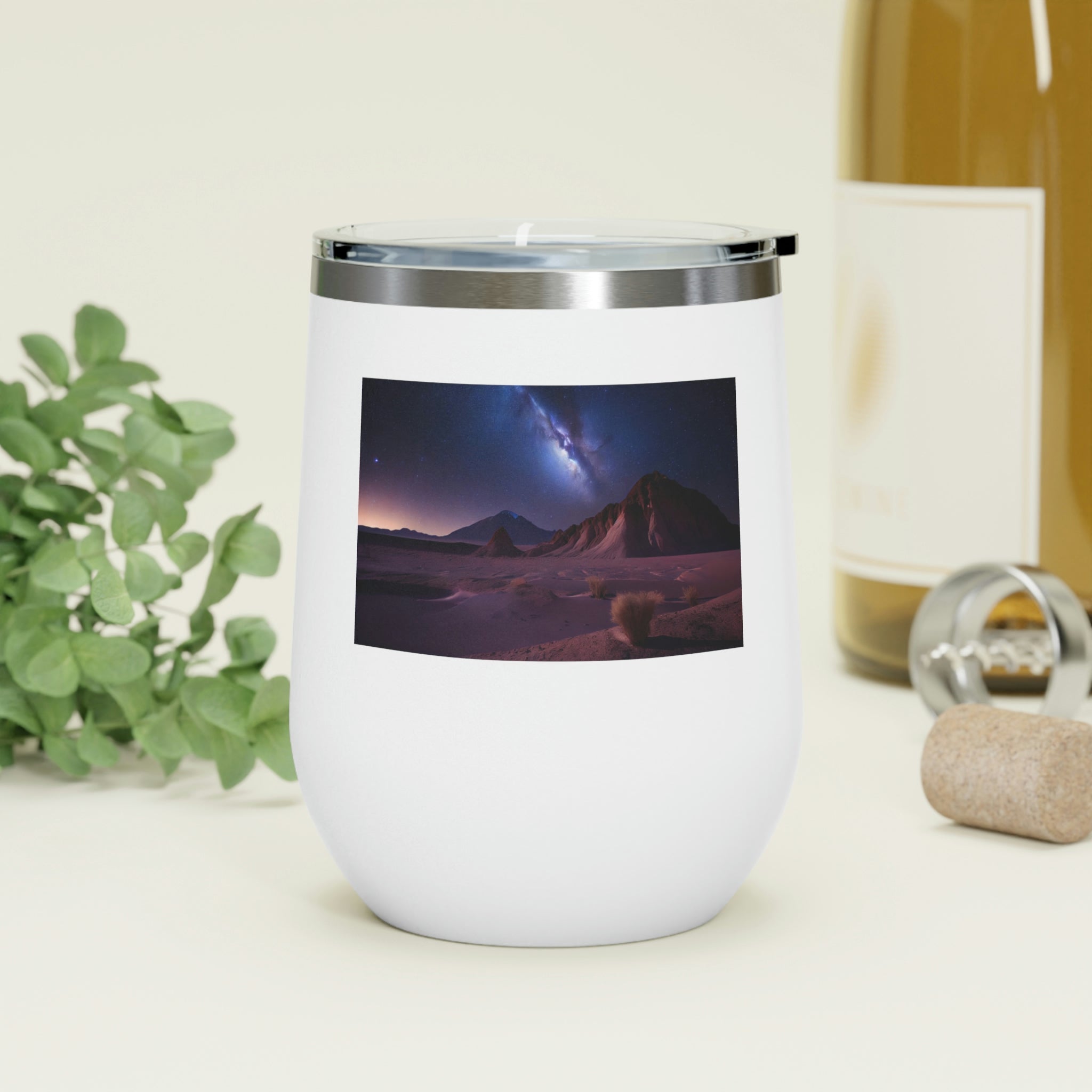 Milky Galaxy Wine Tumbler with a stylish design and clear plastic lid, perfect for hot and cold beverages.