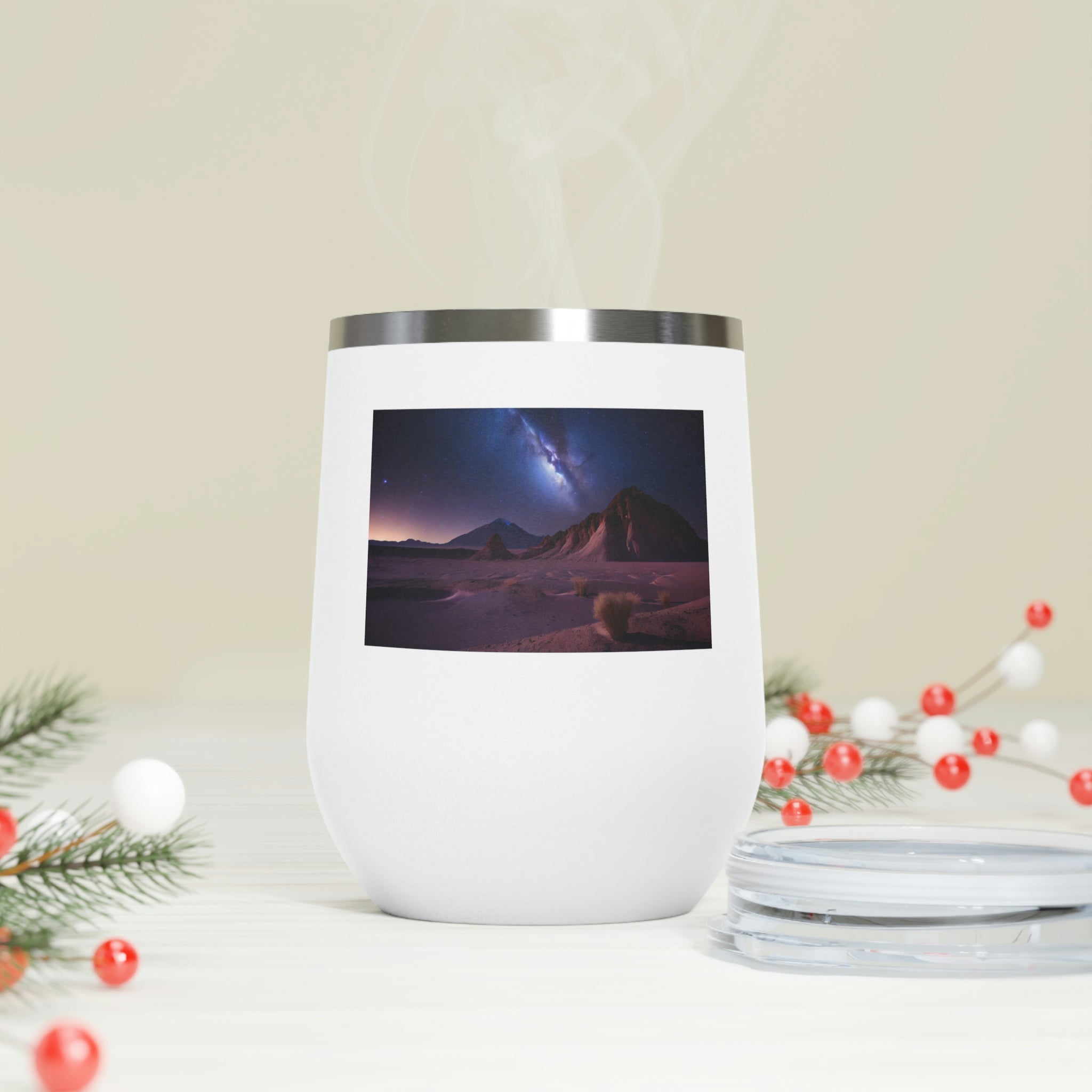 Milky Galaxy Wine Tumbler with a stylish design and clear plastic lid, perfect for hot and cold beverages.