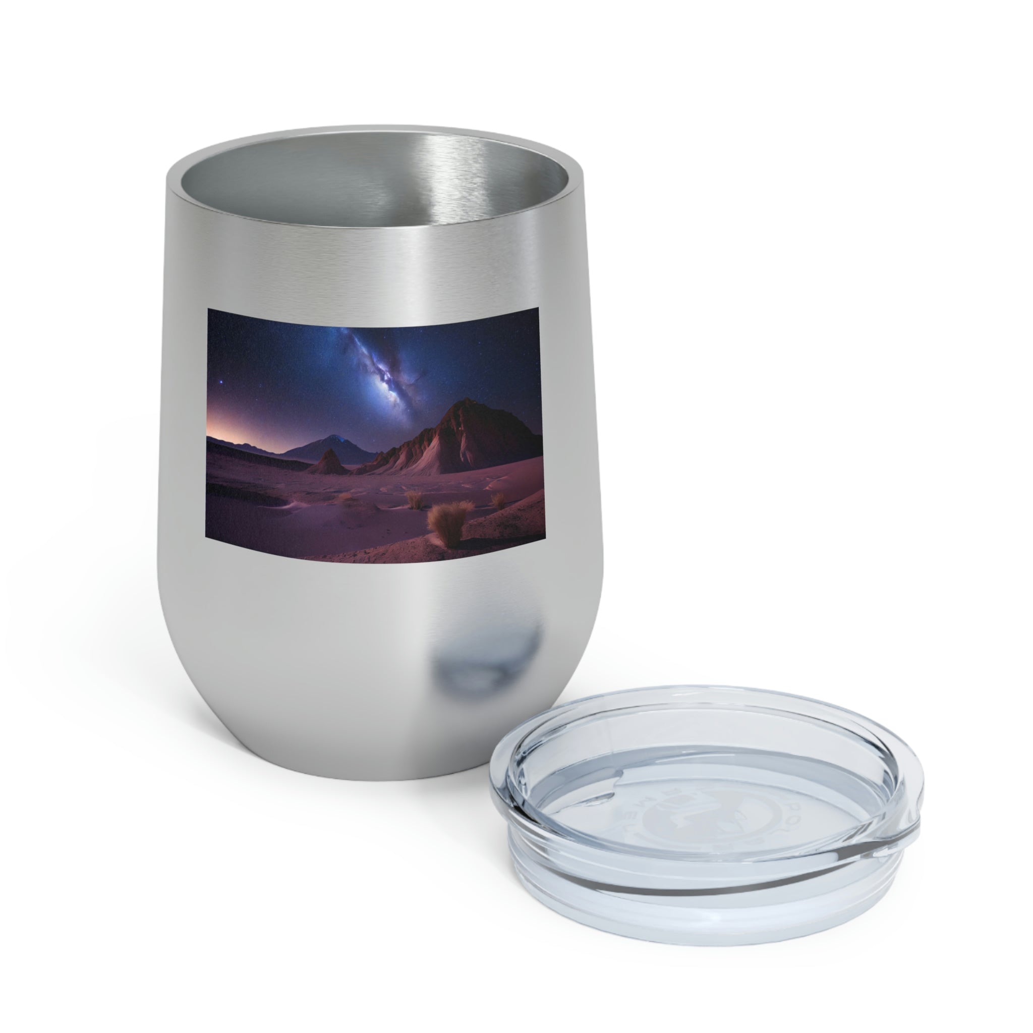 Milky Galaxy Wine Tumbler with a stylish design and clear plastic lid, perfect for hot and cold beverages.