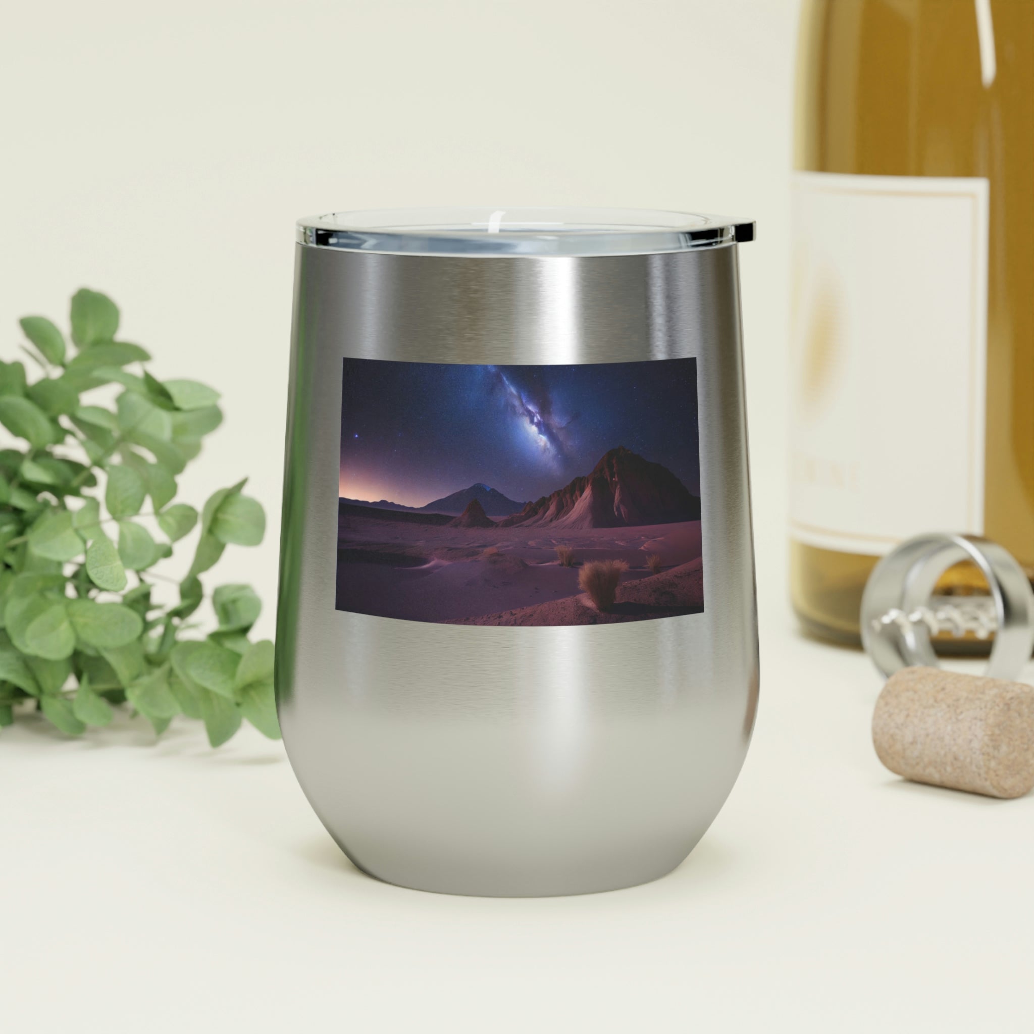 Milky Galaxy Wine Tumbler with a stylish design and clear plastic lid, perfect for hot and cold beverages.