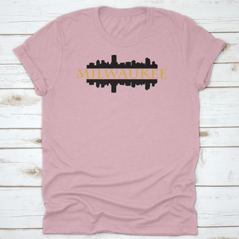 Vector design of Milwaukee City skyline silhouette featuring high rise buildings against a clear background.