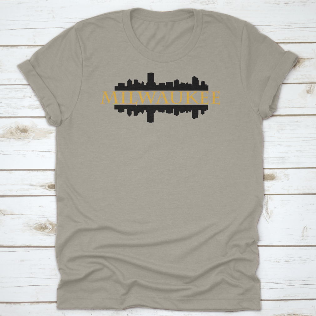 Vector design of Milwaukee City skyline silhouette featuring high rise buildings against a clear background.