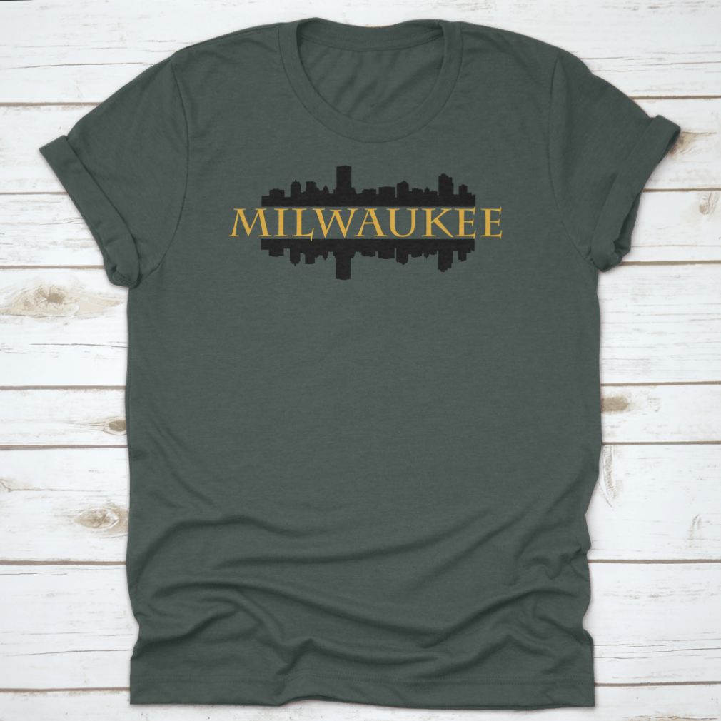 Vector design of Milwaukee City skyline silhouette featuring high rise buildings against a clear background.