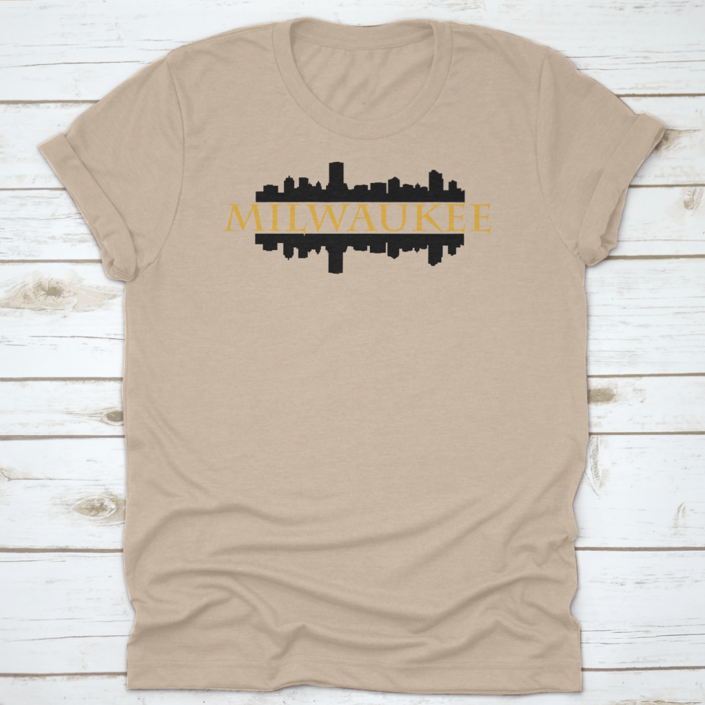 Vector design of Milwaukee City skyline silhouette featuring high rise buildings against a clear background.