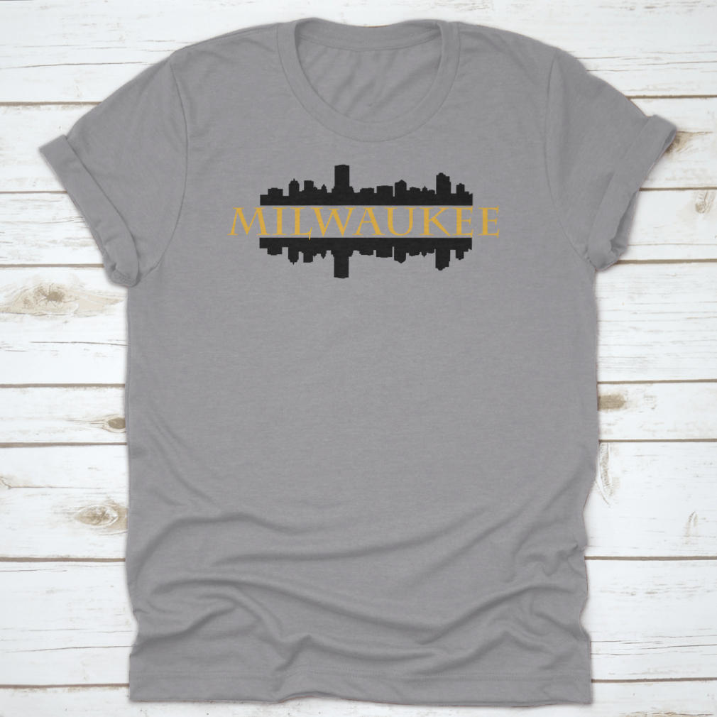 Vector design of Milwaukee City skyline silhouette featuring high rise buildings against a clear background.