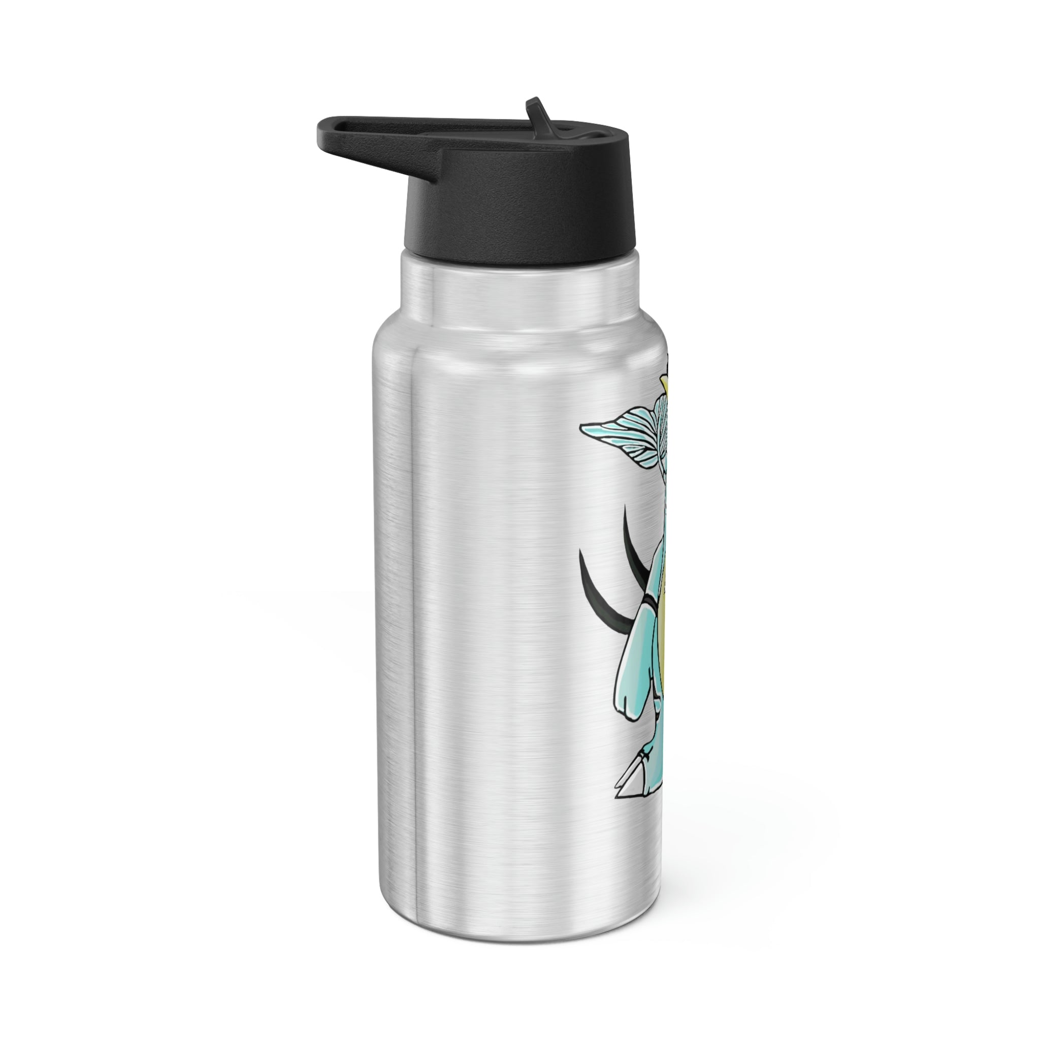 Mimatic Gator Tumbler in stainless steel with a black screw-on cap and a plastic straw, showcasing a customizable design.