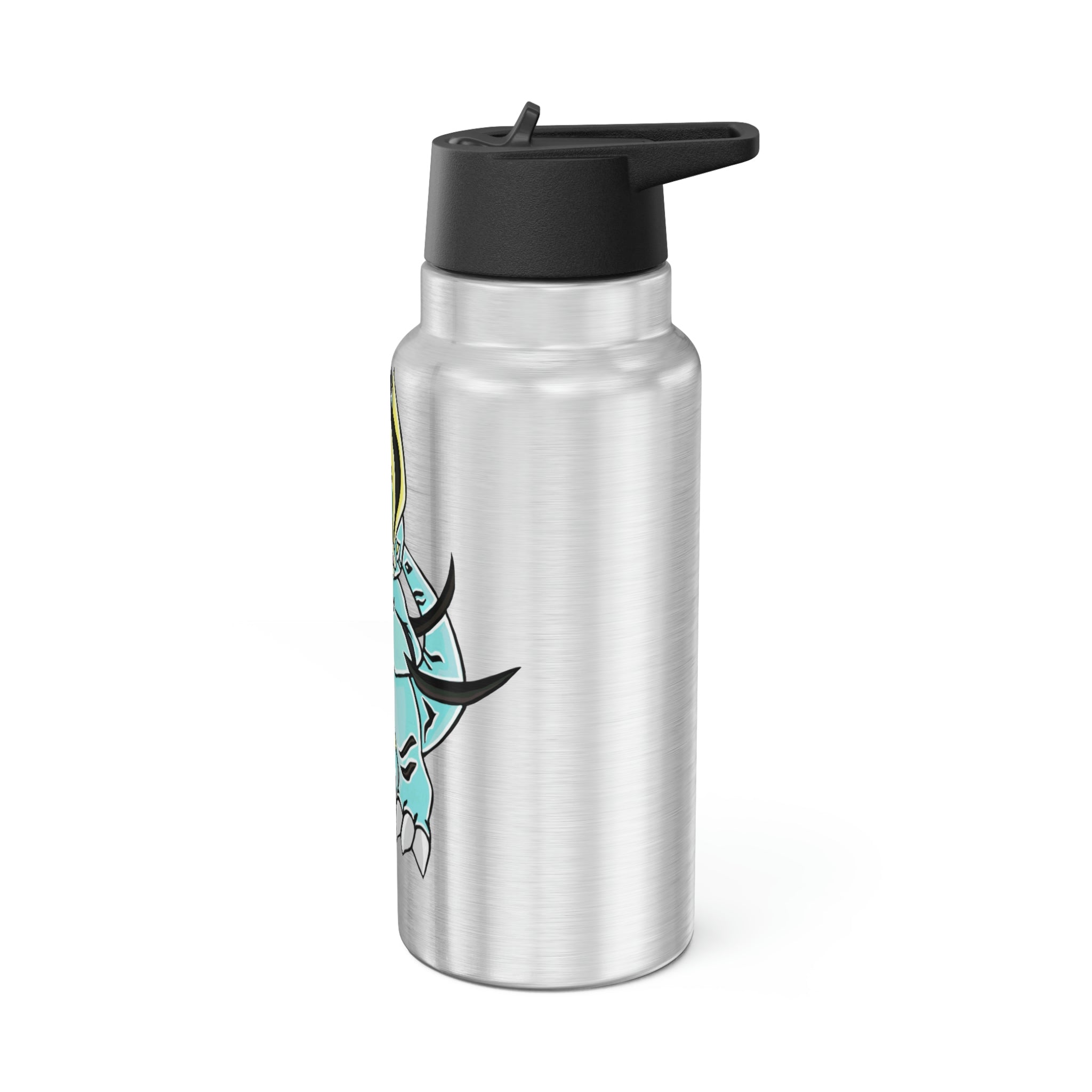 Mimatic Gator Tumbler in stainless steel with a black screw-on cap and a plastic straw, showcasing a customizable design.