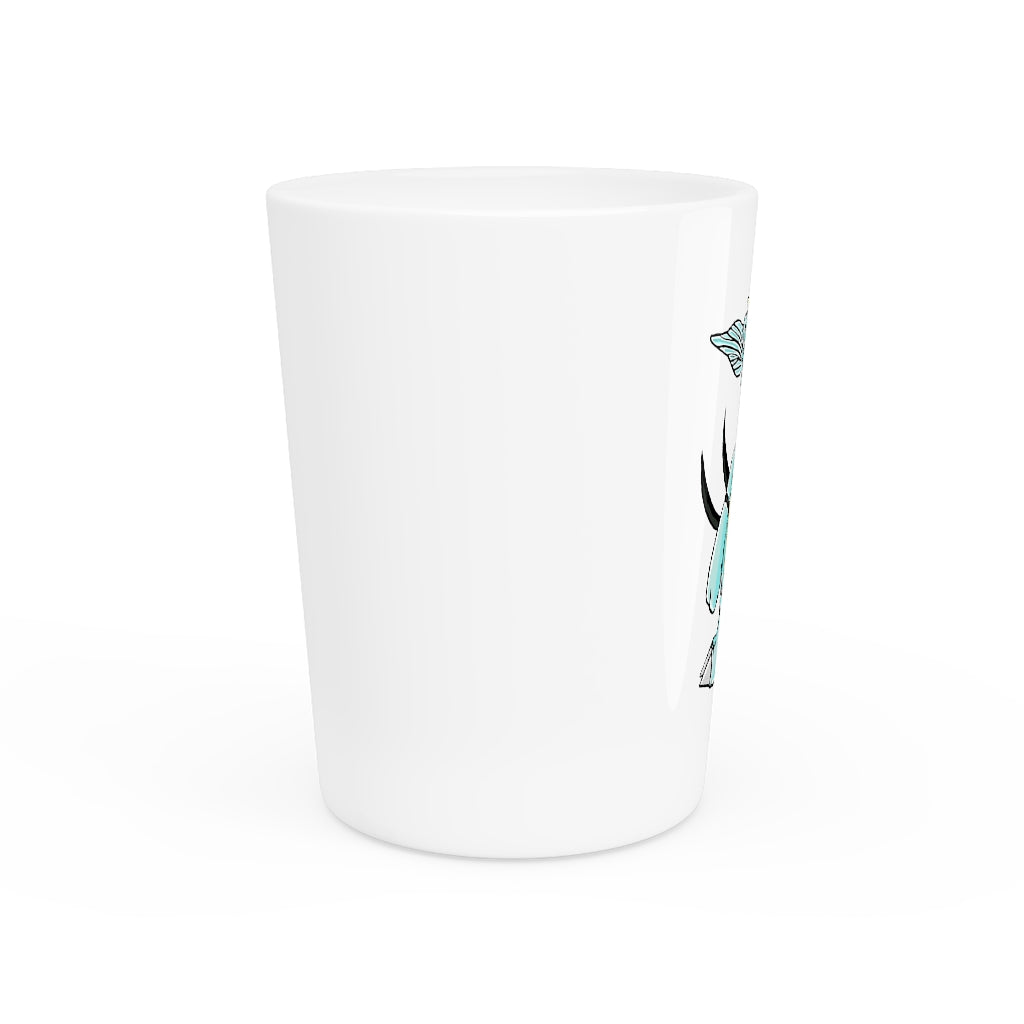 Personalized Mimatic Shot Glass with white ceramic exterior and customizable interior options in black or white.