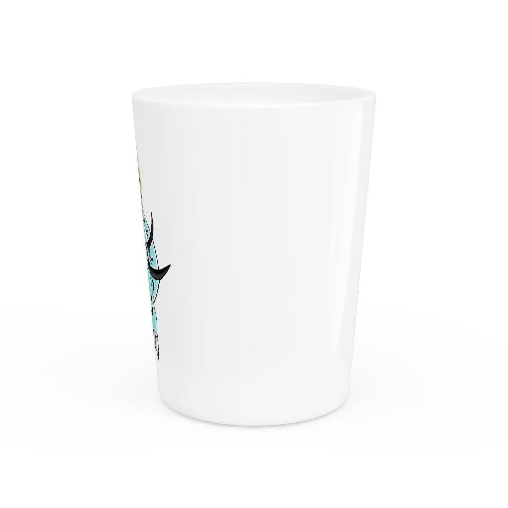 Personalized Mimatic Shot Glass with white ceramic exterior and customizable interior options in black or white.