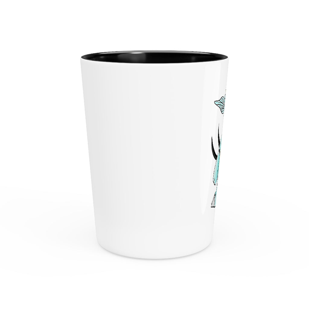 Personalized Mimatic Shot Glass with white ceramic exterior and customizable interior options in black or white.