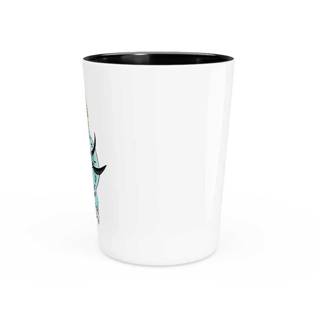 Personalized Mimatic Shot Glass with white ceramic exterior and customizable interior options in black or white.