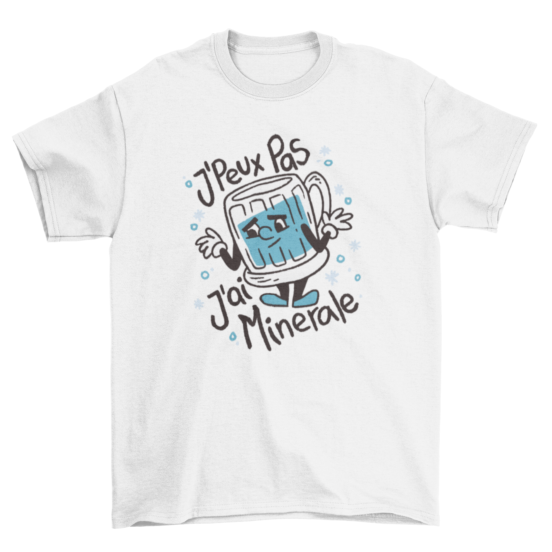 A stylish Mineral Water T-Shirt featuring a cartoon water glass and a French quote, perfect for casual wear.