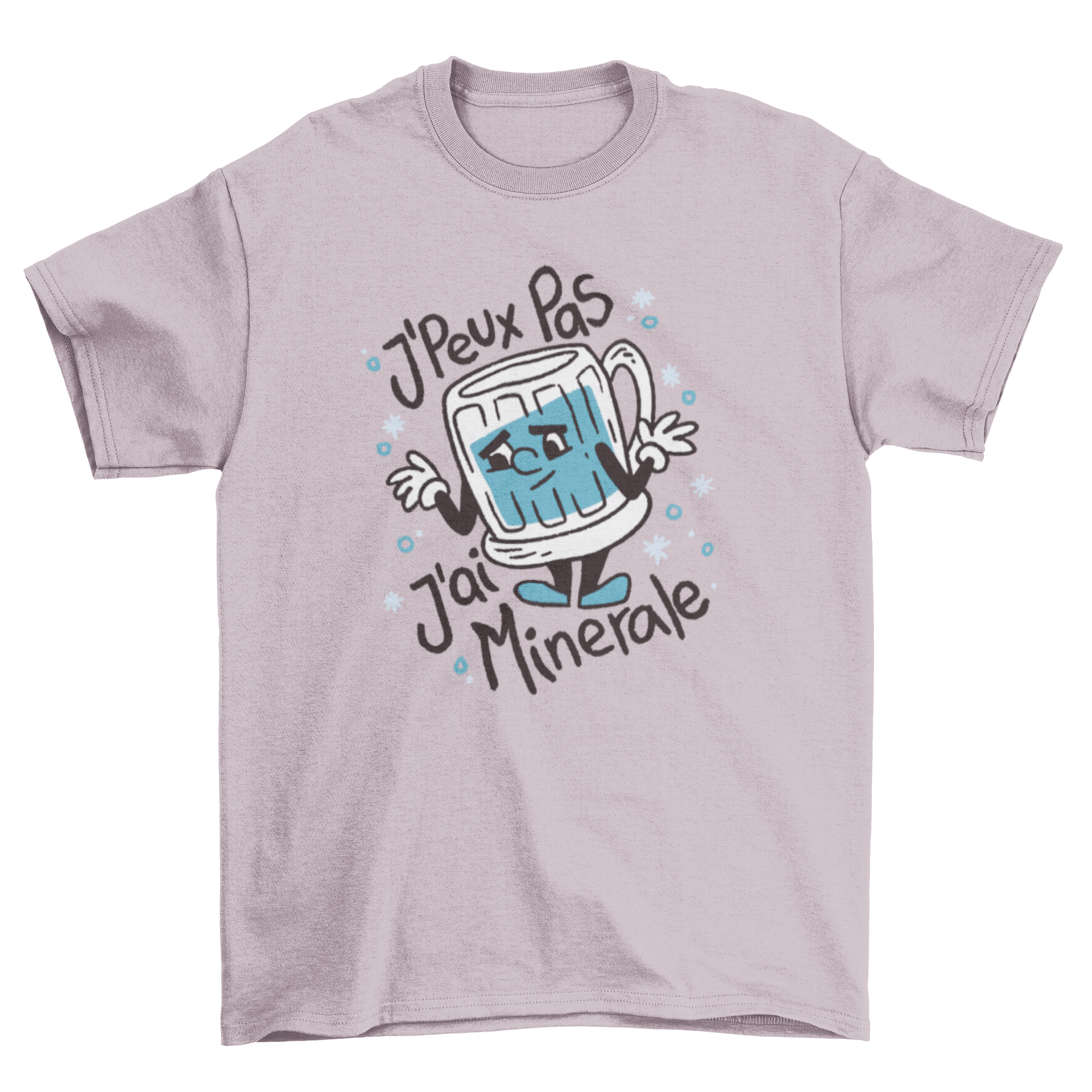 A stylish Mineral Water T-Shirt featuring a cartoon water glass and a French quote, perfect for casual wear.