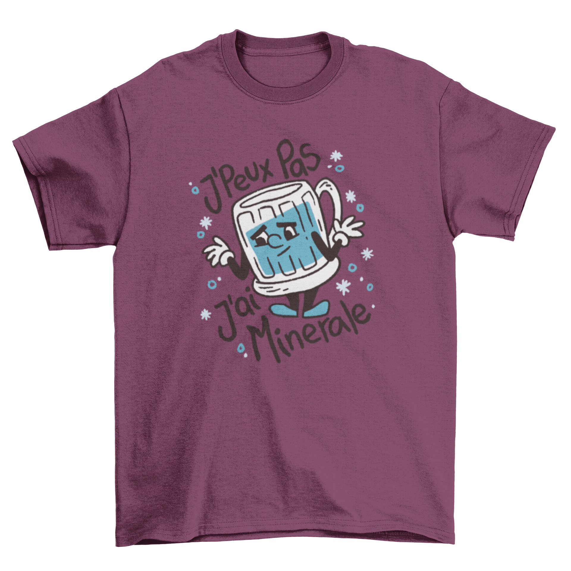 A stylish Mineral Water T-Shirt featuring a cartoon water glass and a French quote, perfect for casual wear.