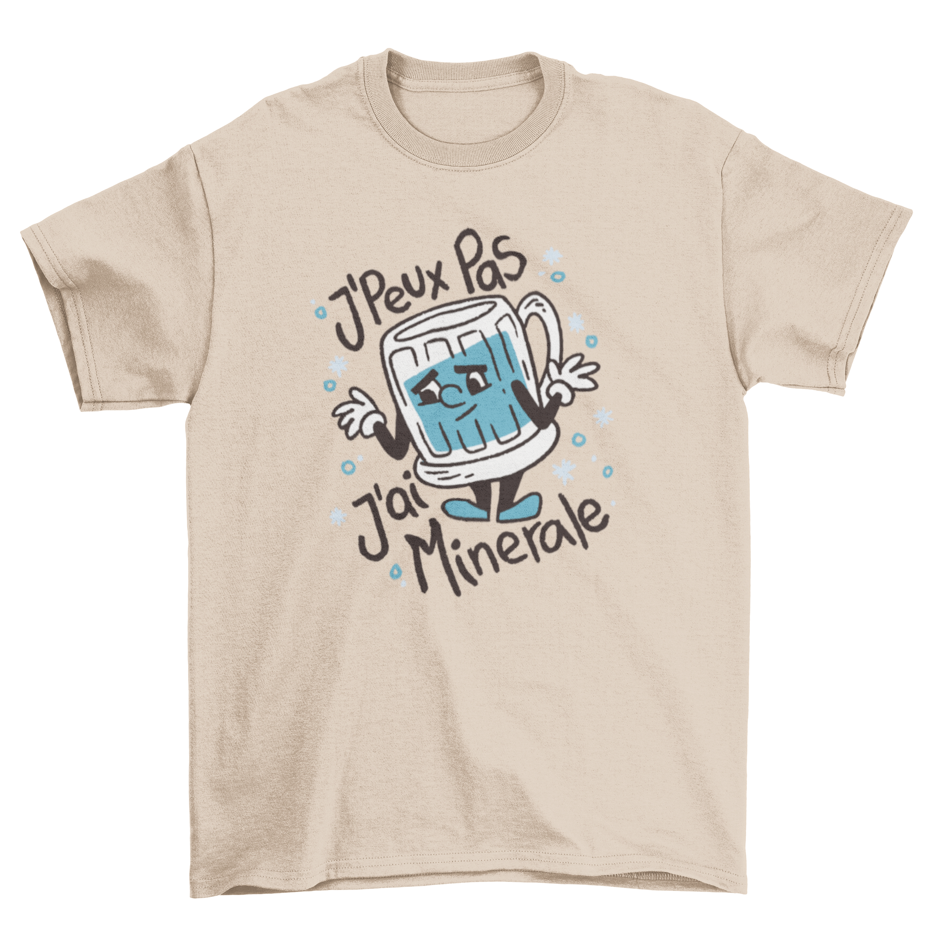 A stylish Mineral Water T-Shirt featuring a cartoon water glass and a French quote, perfect for casual wear.