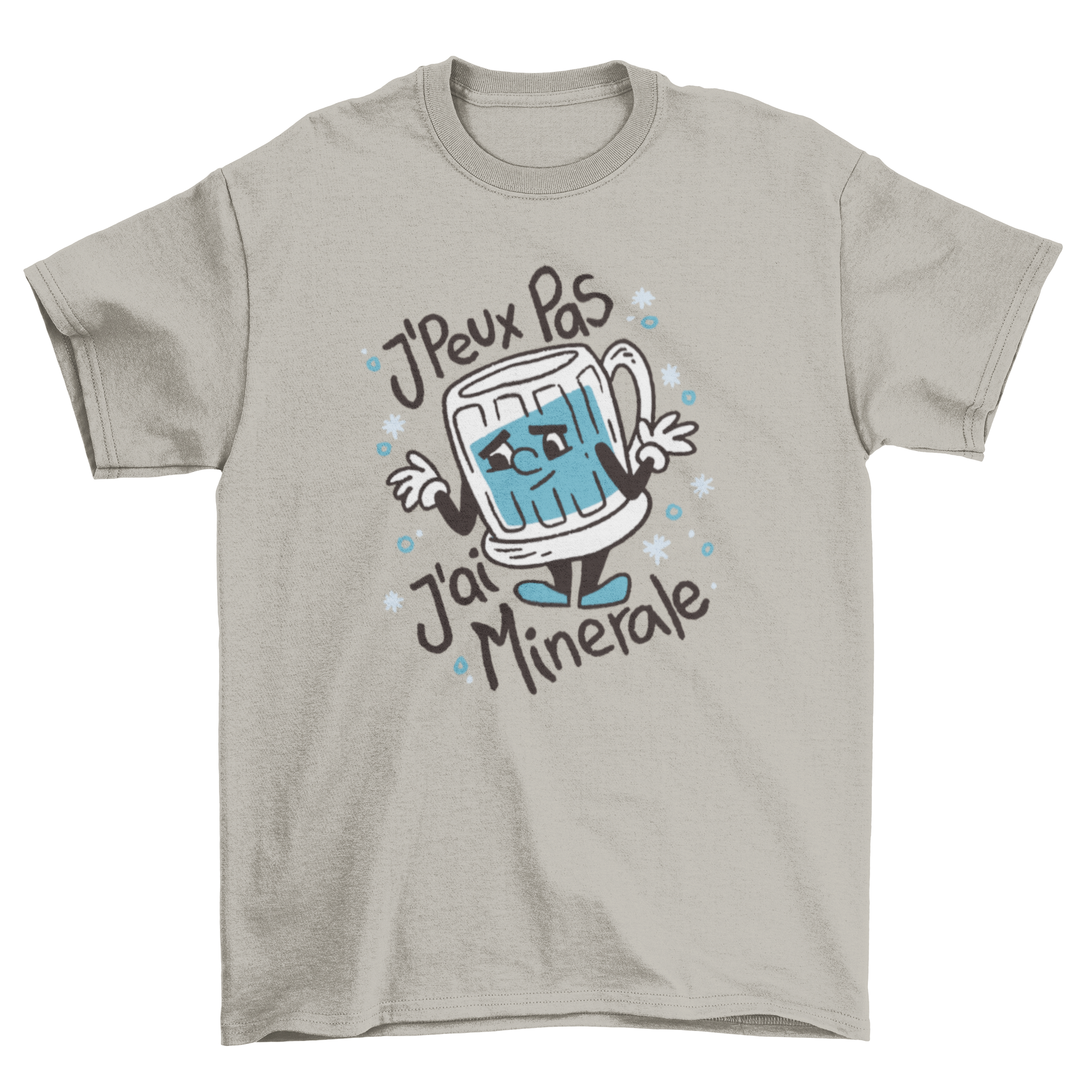 A stylish Mineral Water T-Shirt featuring a cartoon water glass and a French quote, perfect for casual wear.