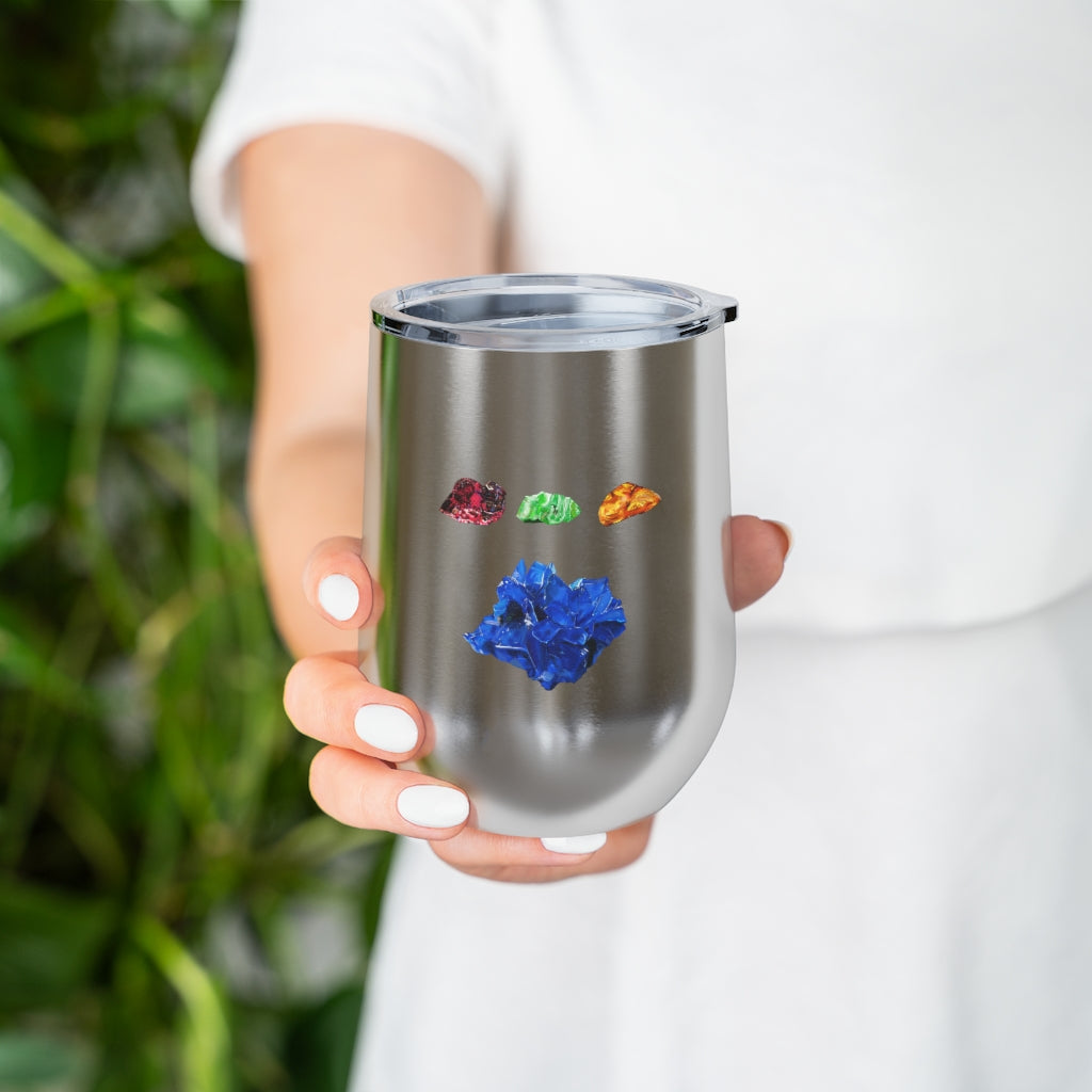 Minerals 12oz Insulated Wine Tumbler in stainless steel with a clear plastic lid, showcasing vibrant artwork.