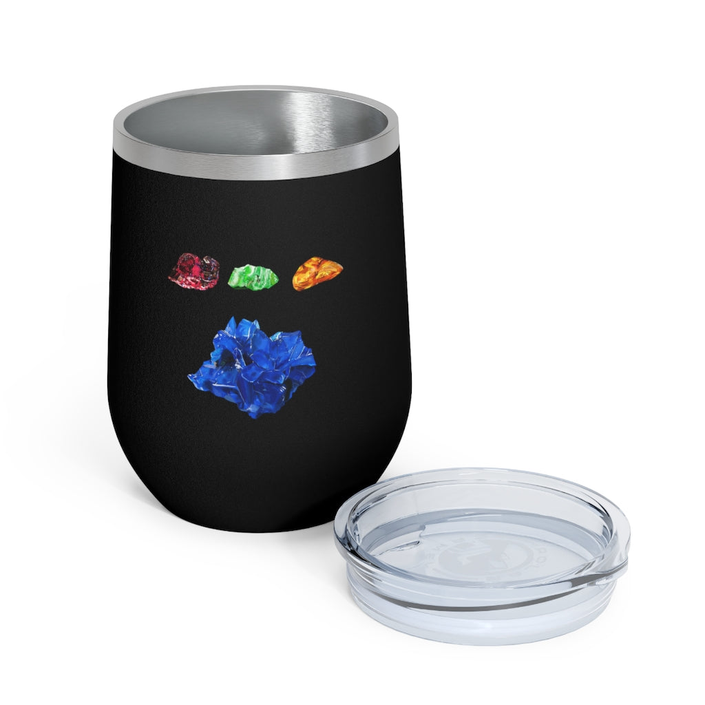 Minerals 12oz Insulated Wine Tumbler in stainless steel with a clear plastic lid, showcasing vibrant artwork.