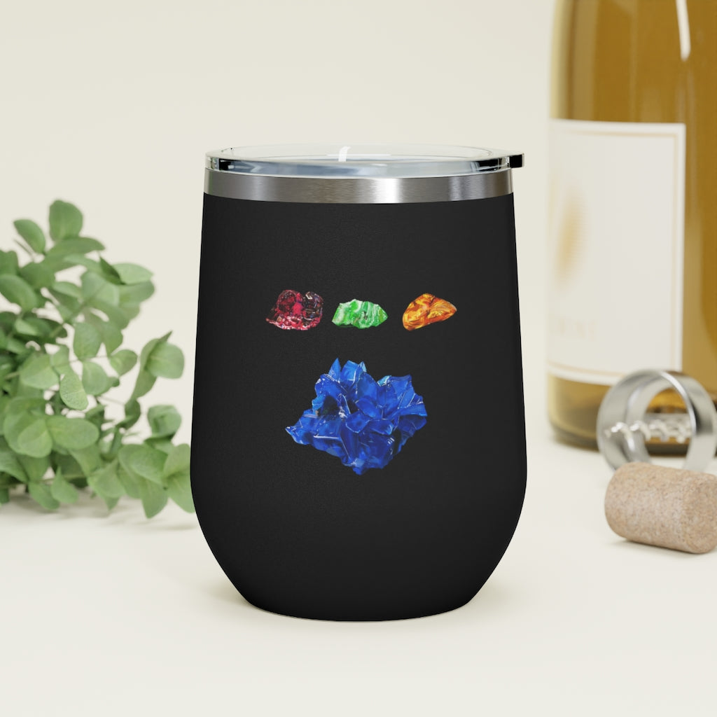 Minerals 12oz Insulated Wine Tumbler in stainless steel with a clear plastic lid, showcasing vibrant artwork.