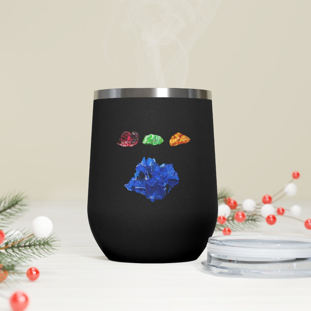 Minerals 12oz Insulated Wine Tumbler in stainless steel with a clear plastic lid, showcasing vibrant artwork.