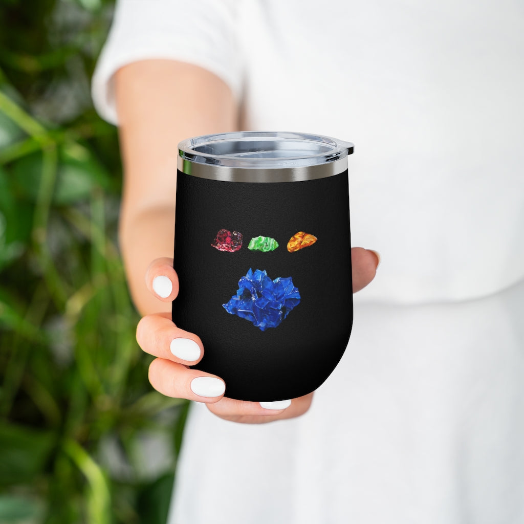 Minerals 12oz Insulated Wine Tumbler in stainless steel with a clear plastic lid, showcasing vibrant artwork.