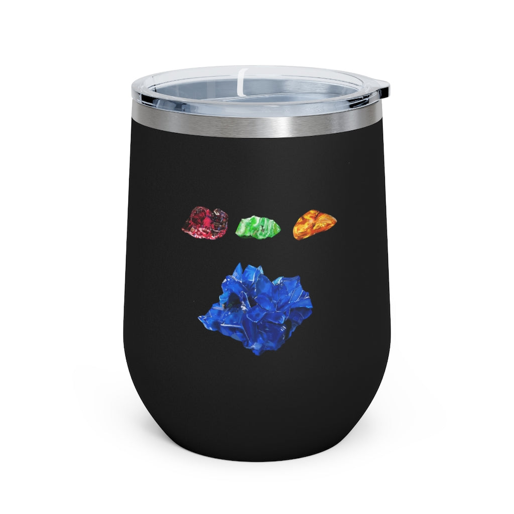 Minerals 12oz Insulated Wine Tumbler in stainless steel with a clear plastic lid, showcasing vibrant artwork.