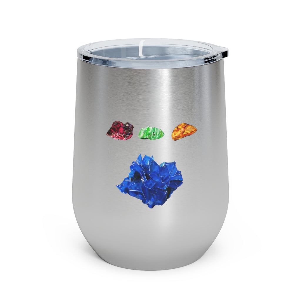 Minerals 12oz Insulated Wine Tumbler in stainless steel with a clear plastic lid, showcasing vibrant artwork.