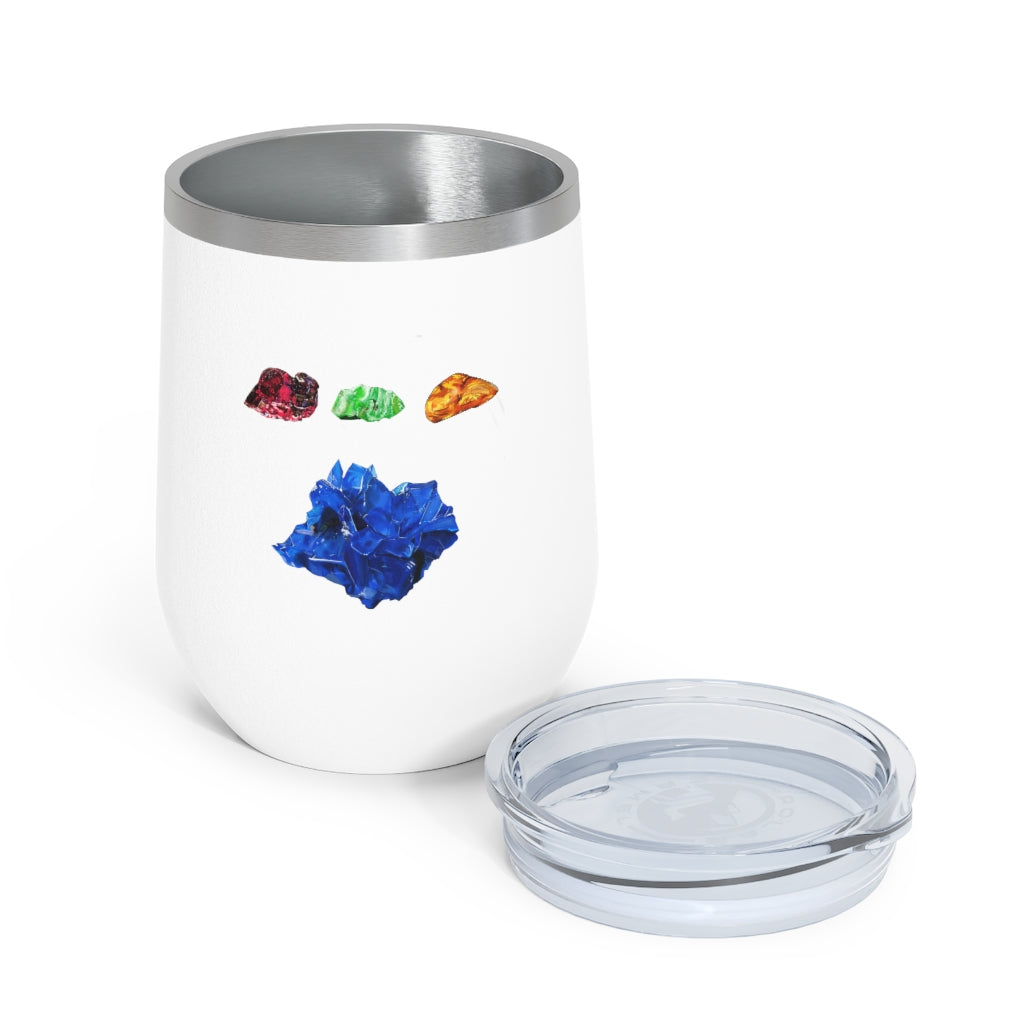 Minerals 12oz Insulated Wine Tumbler in stainless steel with a clear plastic lid, showcasing vibrant artwork.