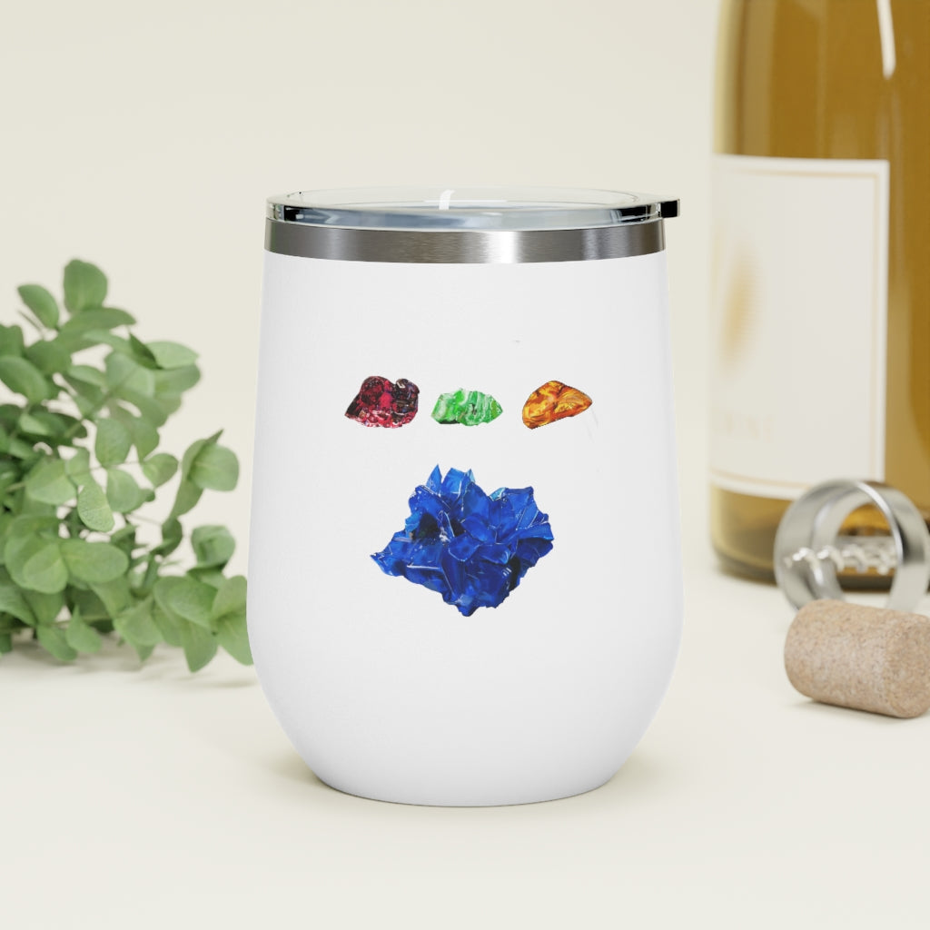 Minerals 12oz Insulated Wine Tumbler in stainless steel with a clear plastic lid, showcasing vibrant artwork.