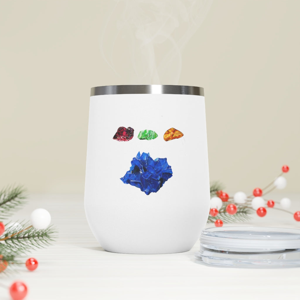 Minerals 12oz Insulated Wine Tumbler in stainless steel with a clear plastic lid, showcasing vibrant artwork.