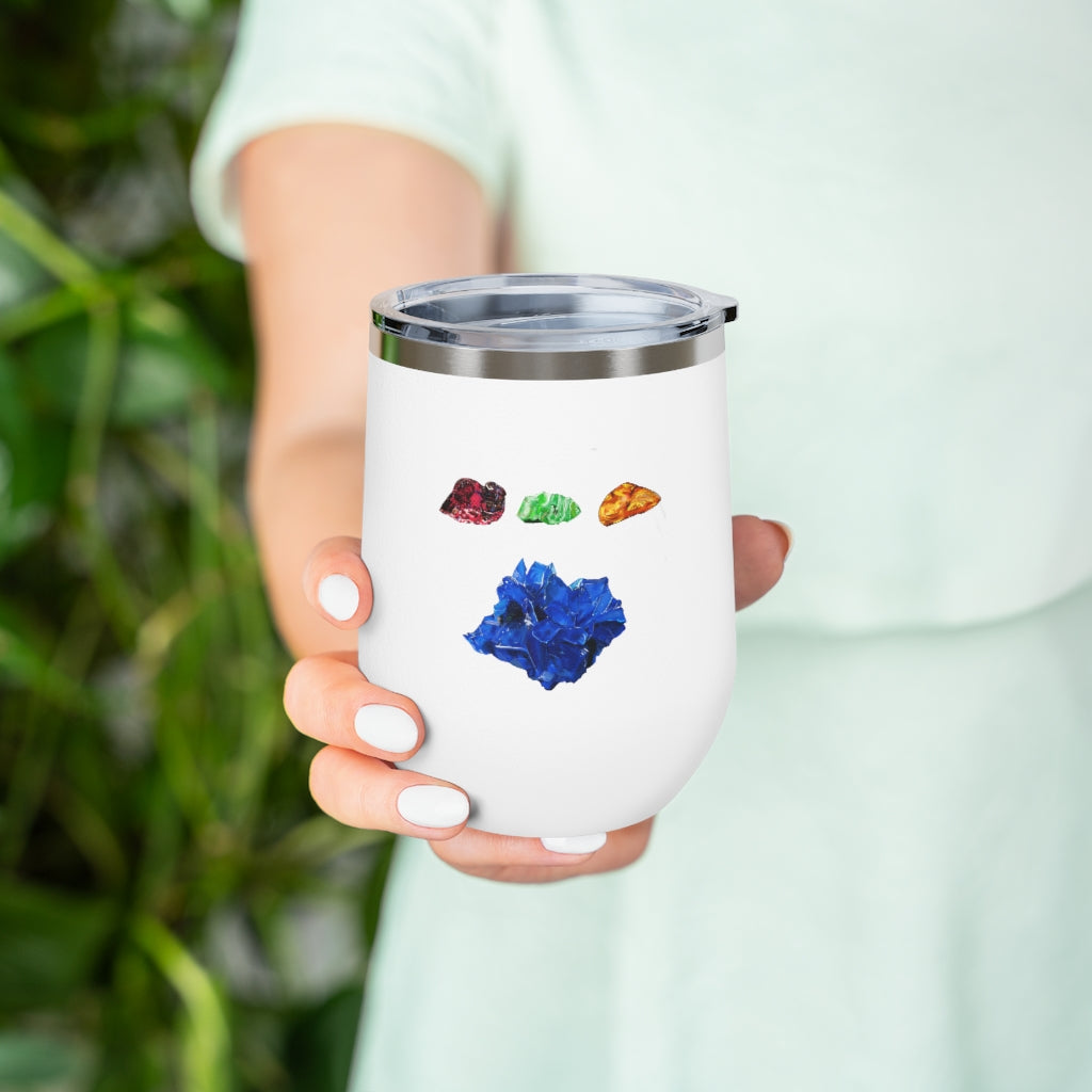 Minerals 12oz Insulated Wine Tumbler in stainless steel with a clear plastic lid, showcasing vibrant artwork.