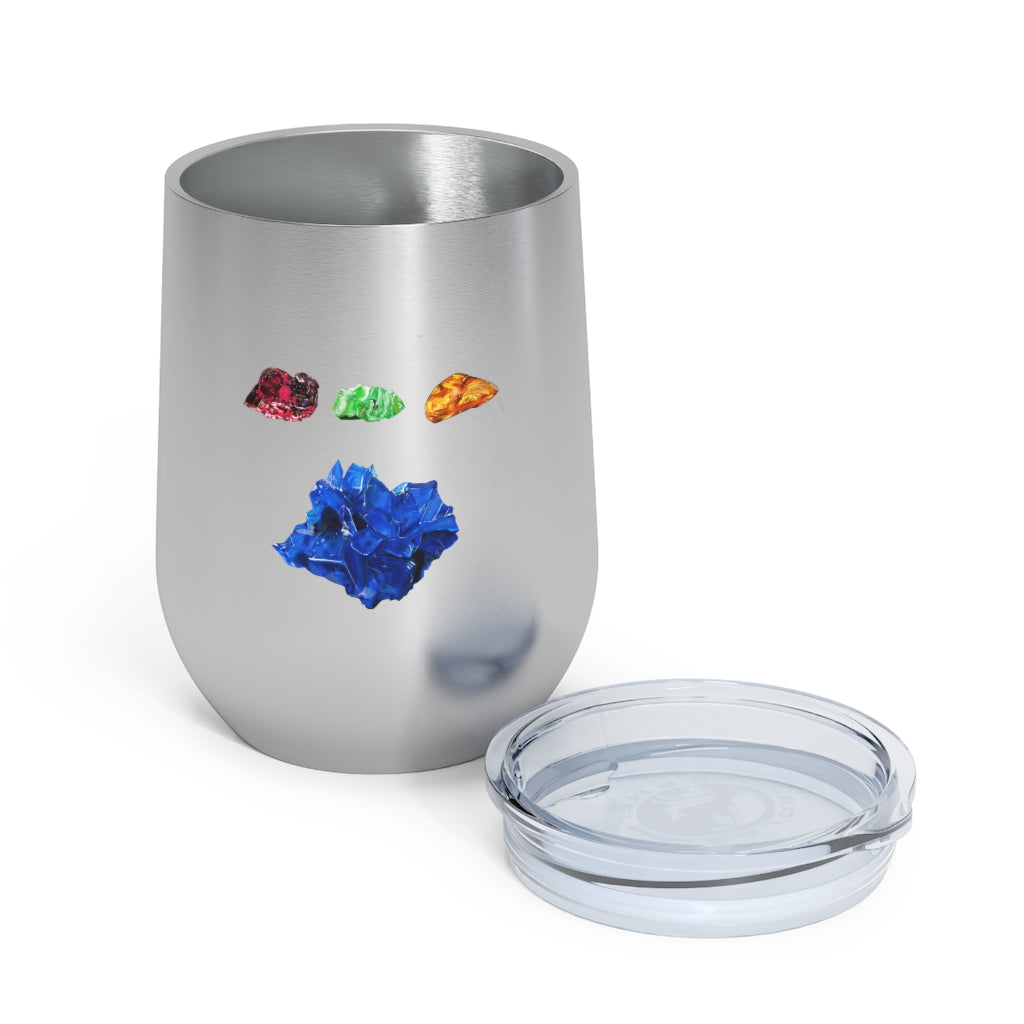 Minerals 12oz Insulated Wine Tumbler in stainless steel with a clear plastic lid, showcasing vibrant artwork.