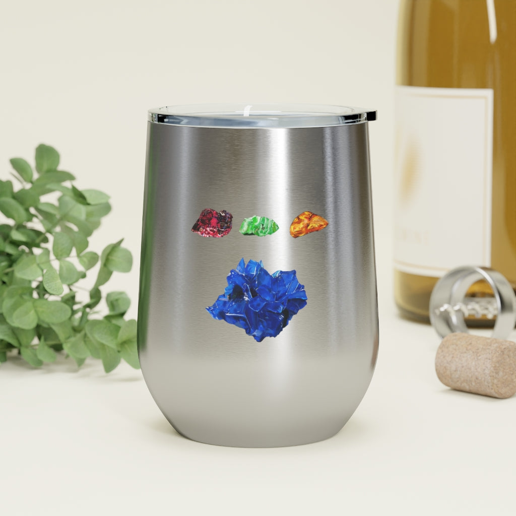 Minerals 12oz Insulated Wine Tumbler in stainless steel with a clear plastic lid, showcasing vibrant artwork.