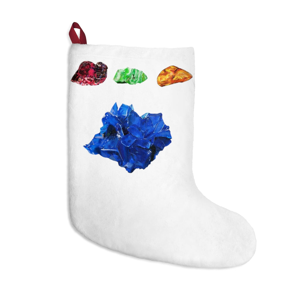 Personalized Minerals Christmas Stockings hanging by a fireplace, showcasing festive designs and a soft fleece texture.