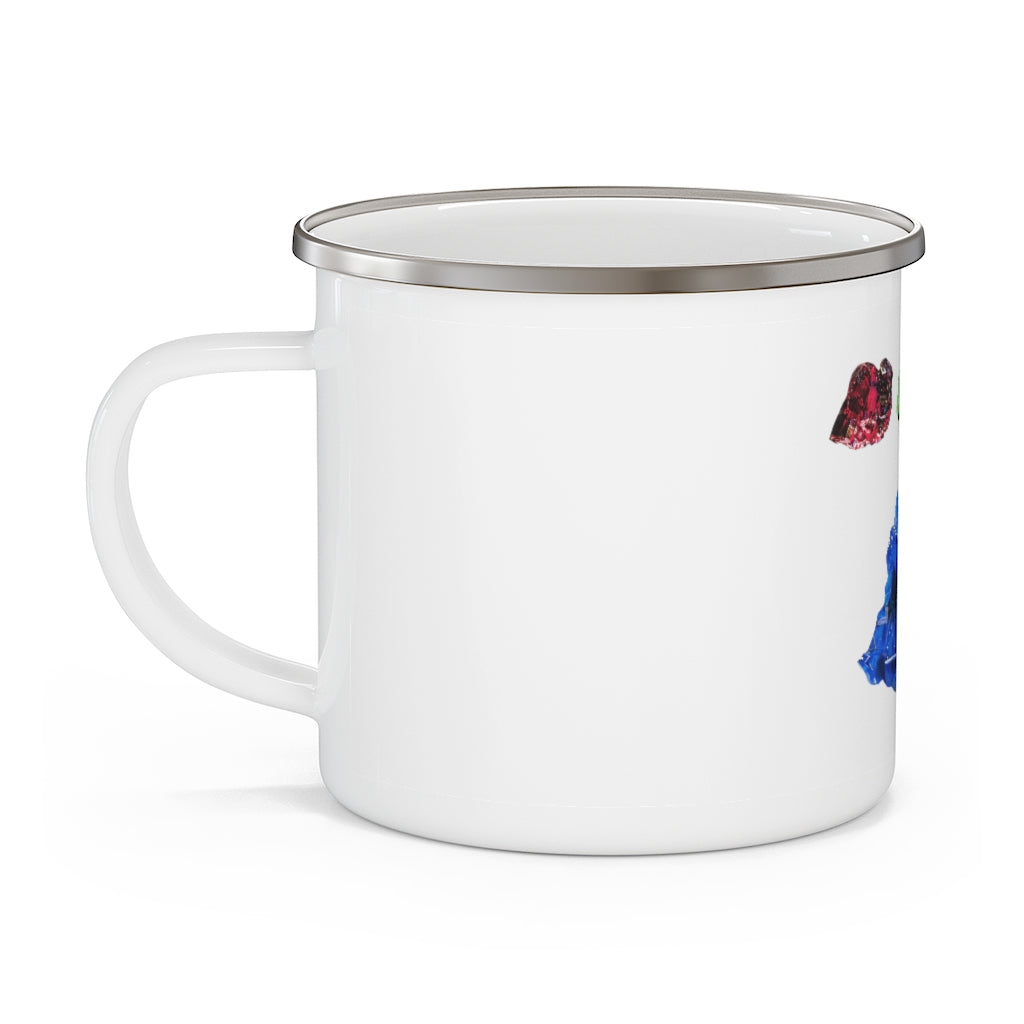 Minerals Enamel Camping Mug with a C-handle, featuring a customizable design and rounded corners, perfect for outdoor use.