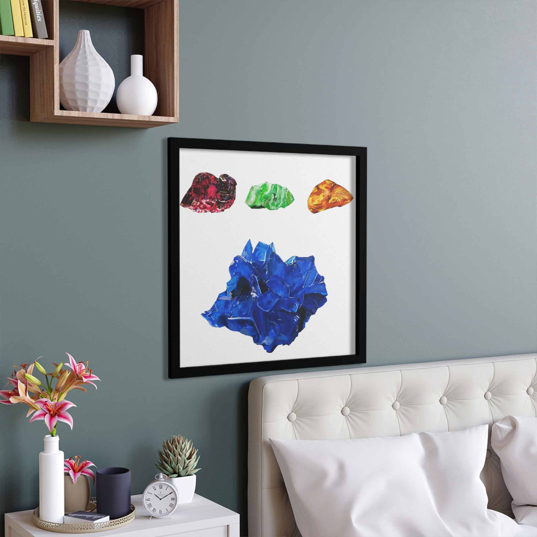 A beautifully framed Minerals Framed Poster showcasing vibrant colors and intricate designs, perfect for home decor.