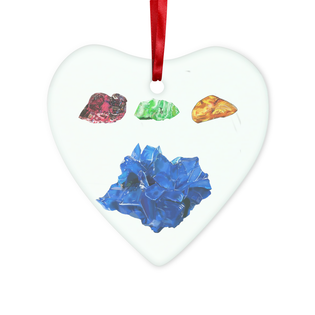 Minerals Glass Hanging Ornament in round and heart shapes with red ribbon and gold string, elegantly packaged in a white box.