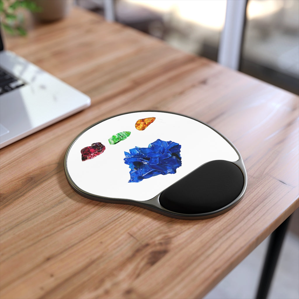 Minerals Mouse Pad with ergonomic Memory Foam wrist rest and customizable neoprene insert, featuring a foot-shaped black plastic base.