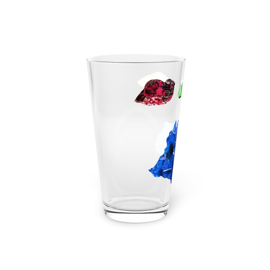 A clear 16oz Minerals Pint Glass showcasing its sleek design, perfect for personalized printing.