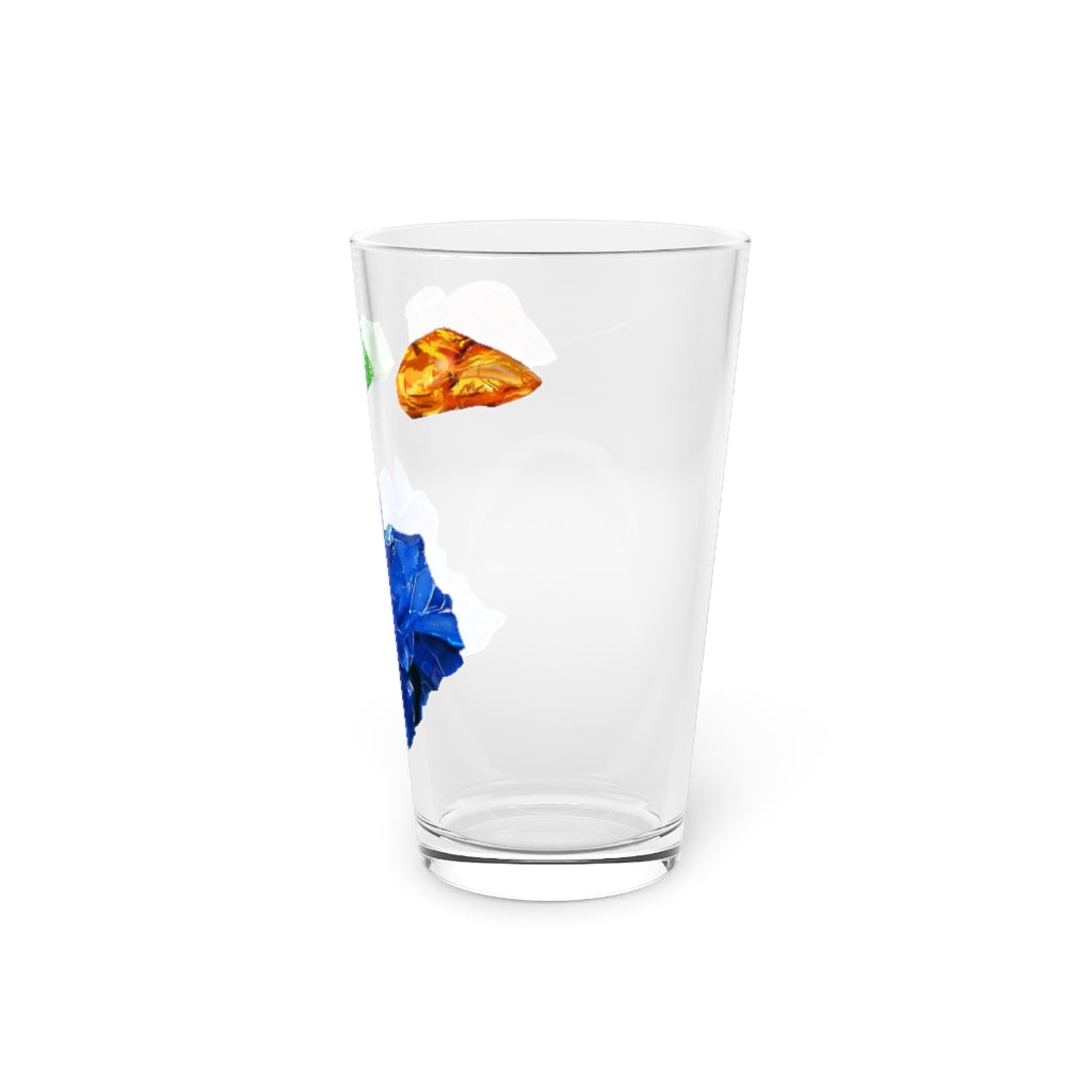 A clear 16oz Minerals Pint Glass showcasing its sleek design, perfect for personalized printing.