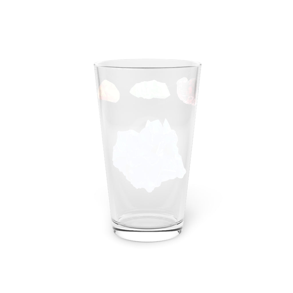 A clear 16oz Minerals Pint Glass showcasing its sleek design, perfect for personalized printing.