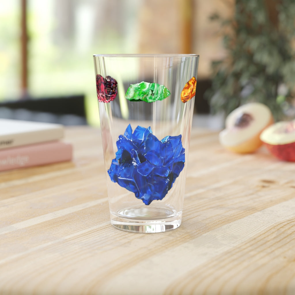 A clear 16oz Minerals Pint Glass showcasing its sleek design, perfect for personalized printing.