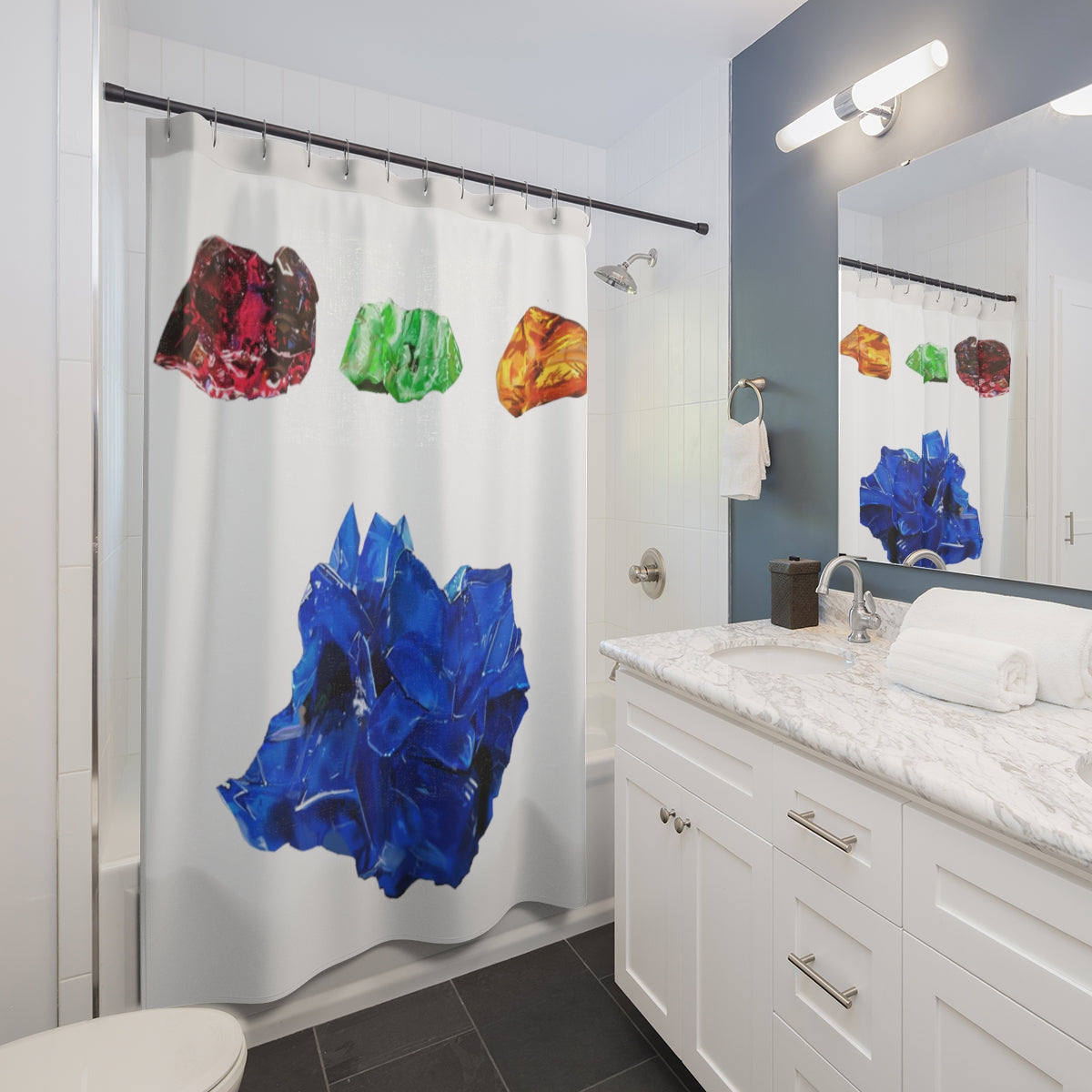 A vibrant Minerals Shower Curtain made of durable polyester, showcasing unique artistic designs, perfect for enhancing bathroom decor.